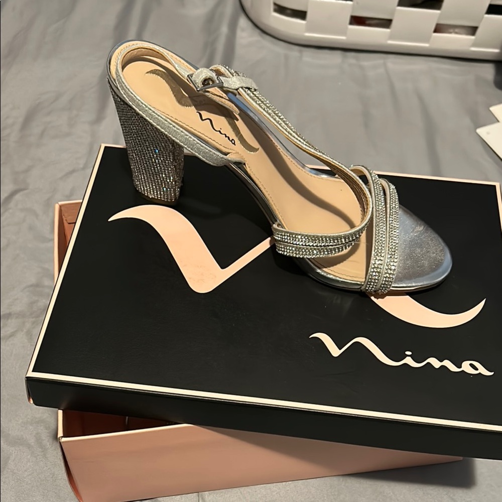 Nina Silver Block Heel Slingback Shoes